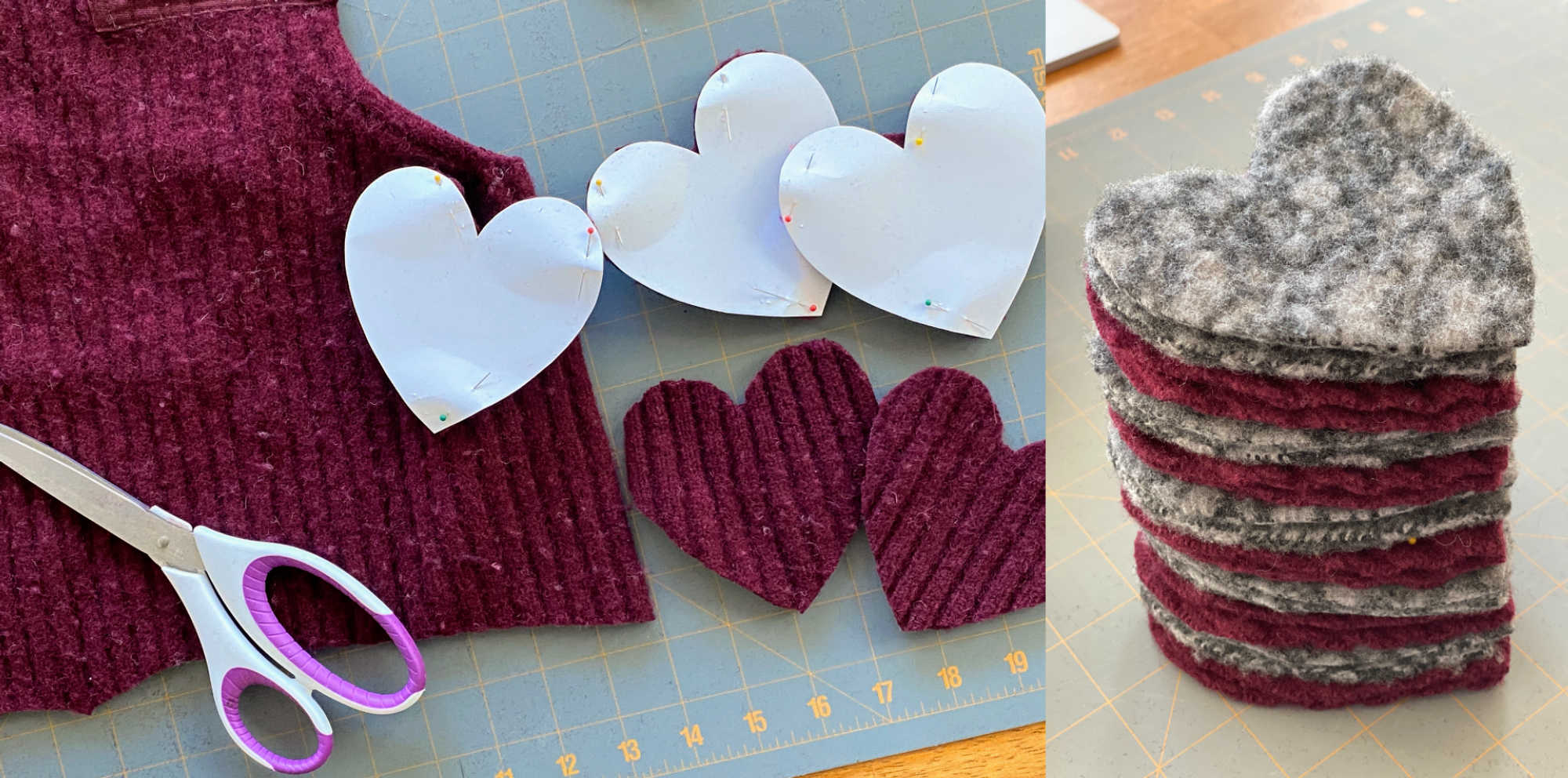 On the left, an image of a maroon sweater. The sleeves have been removed and several hearts have been cut out of the fabric. On the right, a stack of felted hearts, cut out of the grey and maroon sweaters.